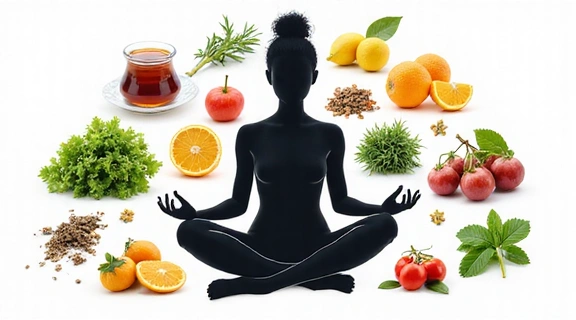 Άτομο που διαλογίζεται με φρούτα και λαχανικά τριγύρω, υποδηλώνοντας μείωση του στρες μέσω διατροφής.